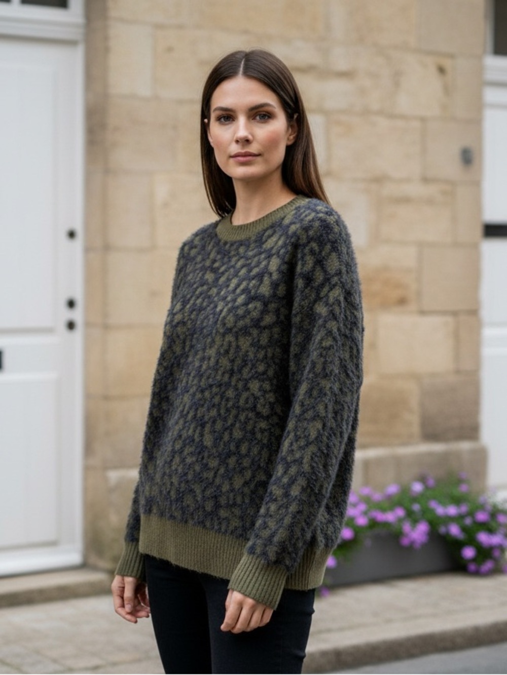 Hem & Thread Olive Green and Navy Blue Fuzzy Sweater